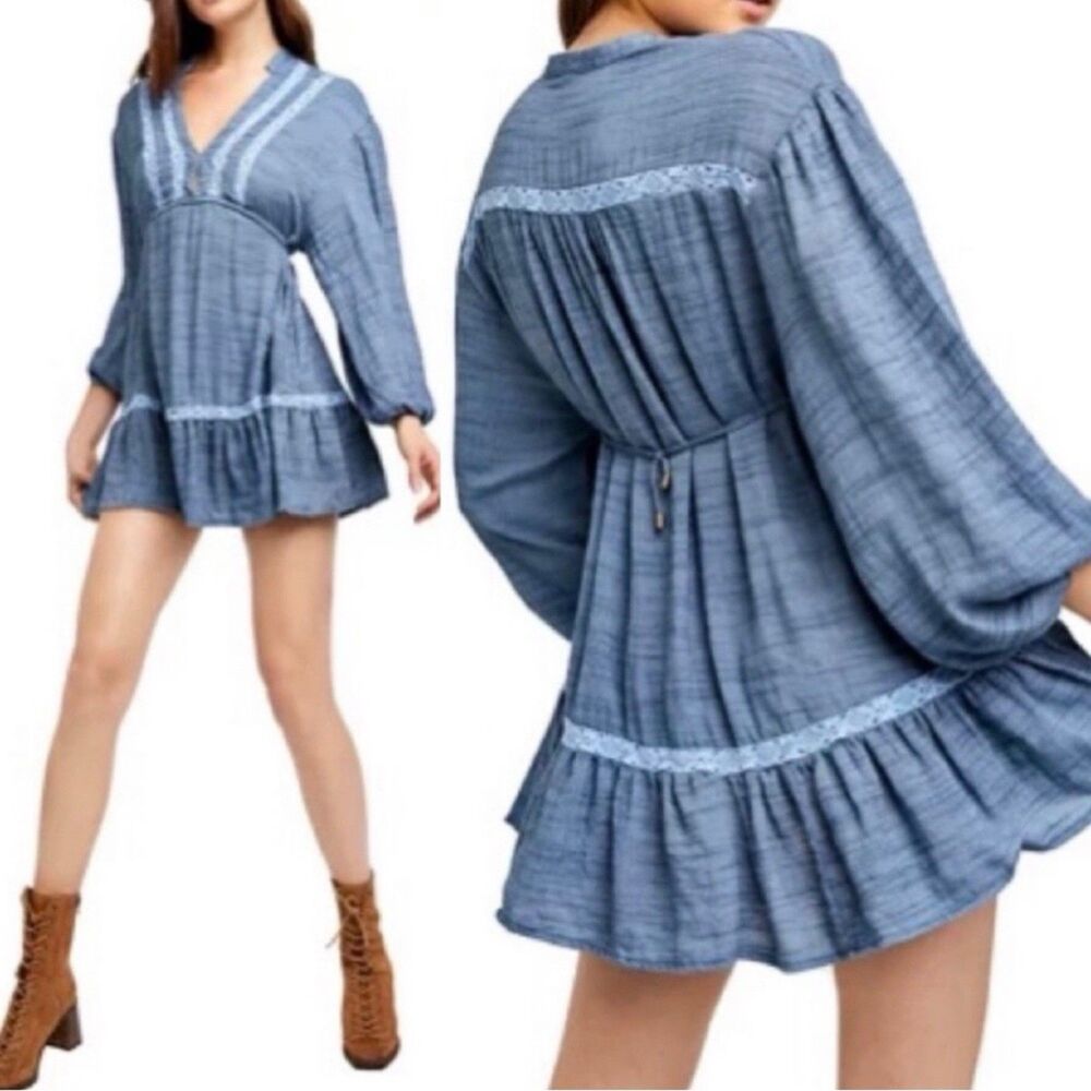 Free People Size Small Blue Rugged Beauty Swing Dress‎ Boho Pockets Mini